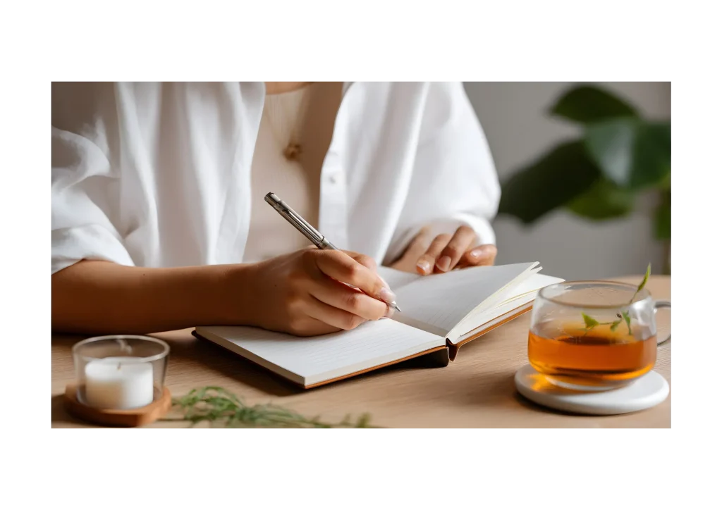 : journal writing spiritual journey, woman reflection notebook,