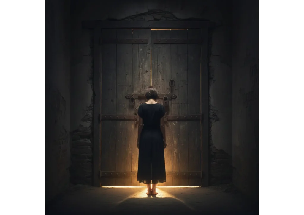 Frau vor geschlossener Tür mit Lichtspalt – Symbol für innere Blockaden und neue Möglichkeiten