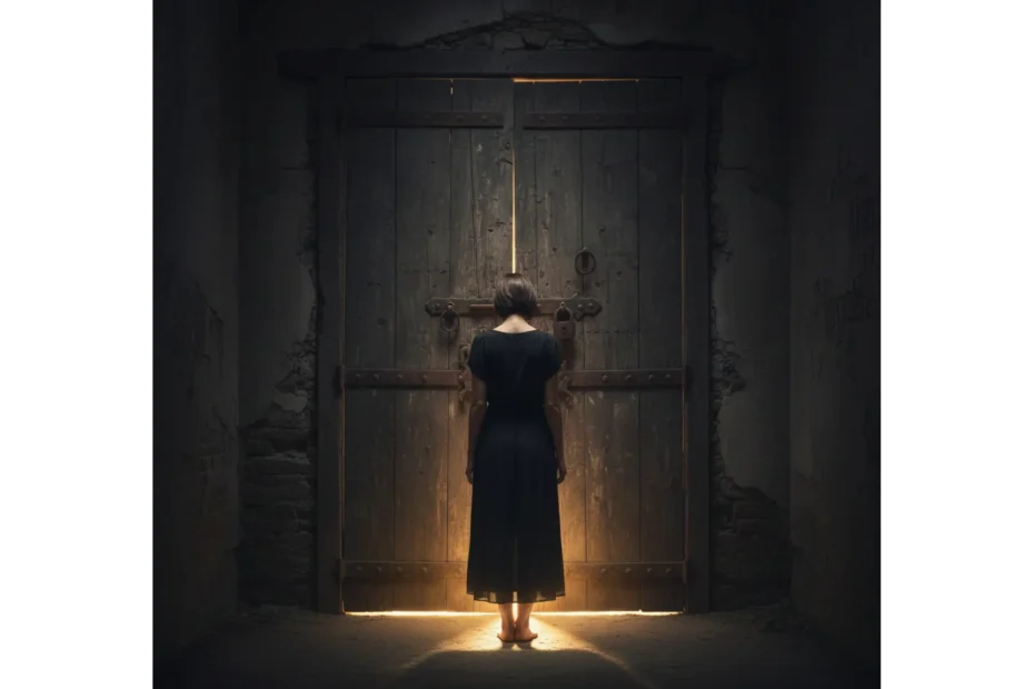 Frau vor geschlossener Tür mit Lichtspalt – Symbol für innere Blockaden und neue Möglichkeiten