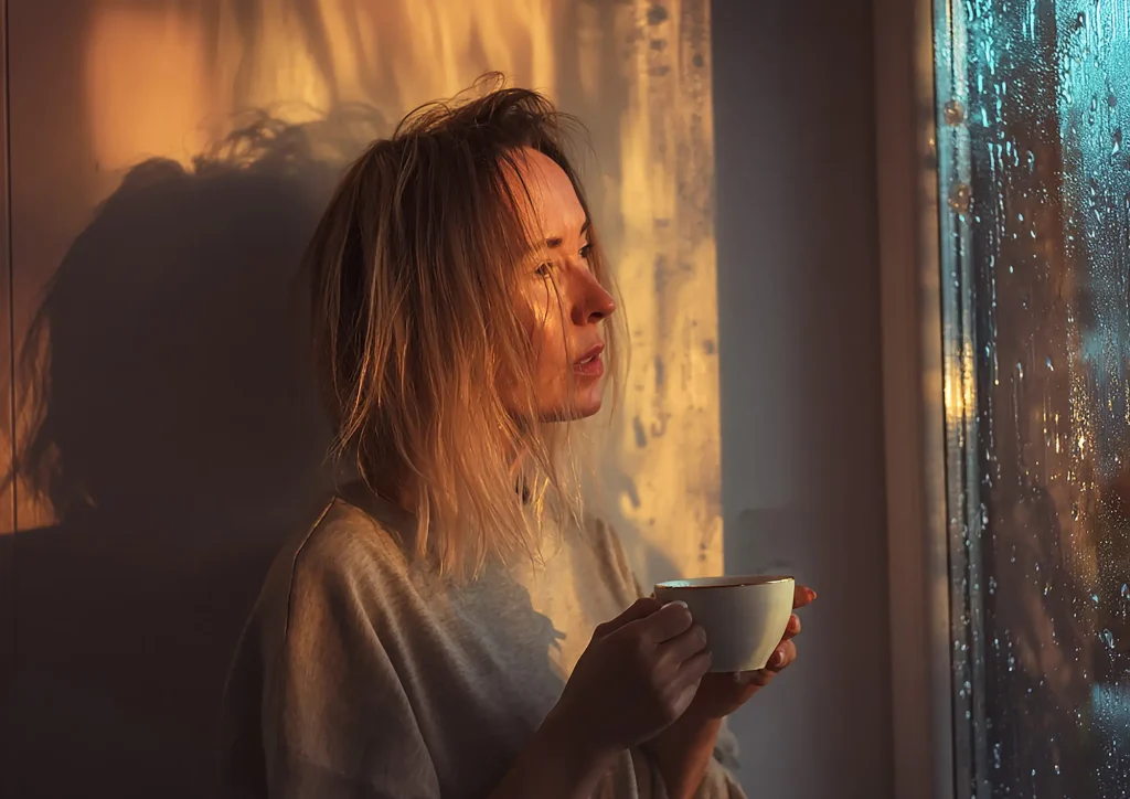 Frau, die aus dem Fenster schaut und auf eine bessere Zukunft wartet – das ewige "später"