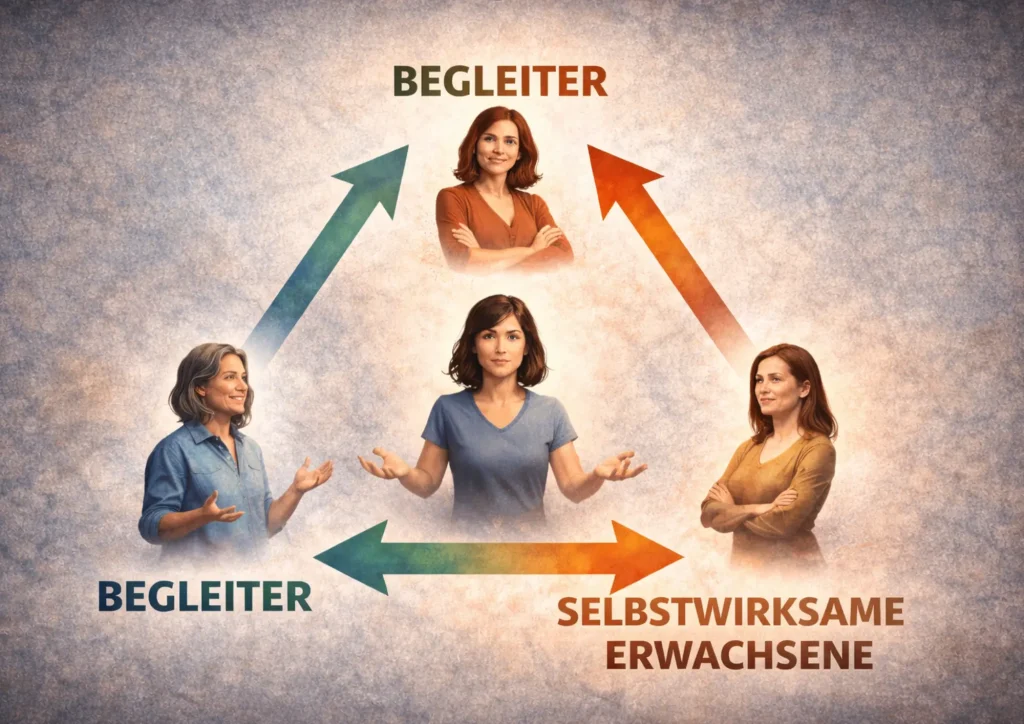 Grafisches Empowerment-Dreieck mit den drei neuen Rollen: Selbstwirksamer Erwachsener, Champion und Begleiter