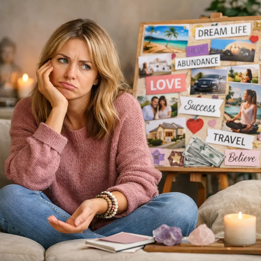 Frau sitzt frustriert auf Couch mit Vision Board, schaut wartend