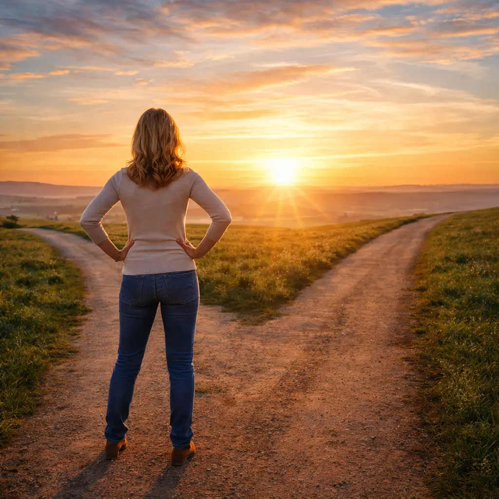Frau steht selbstbewusst an Weggabelung, Sonnenaufgang im Hintergrund