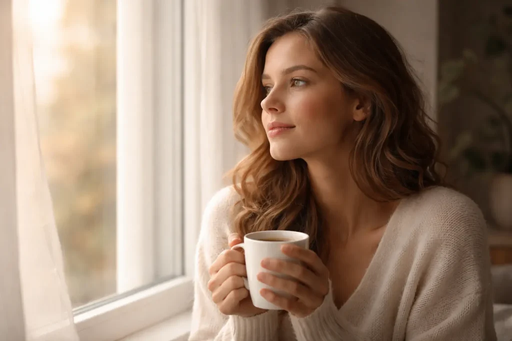nachdenkliche Frau am Fenster mit Kaffee, weiches Morgenlicht