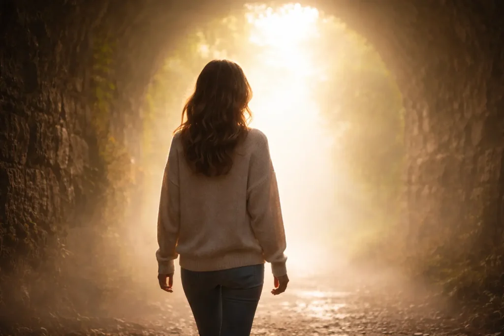 Frau im Nebel, Licht am Ende des Tunnels, Durchbruch-Stimmung