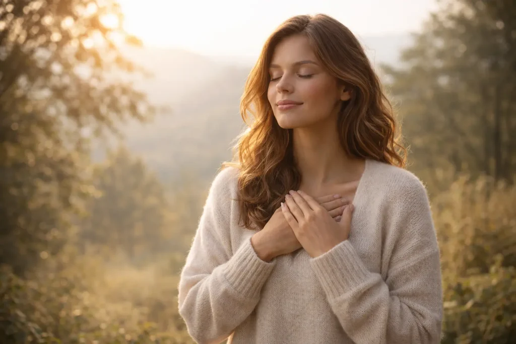 Frau hält Hände aufs Herz, draußen in der Natur, friedlich-kraftvoll