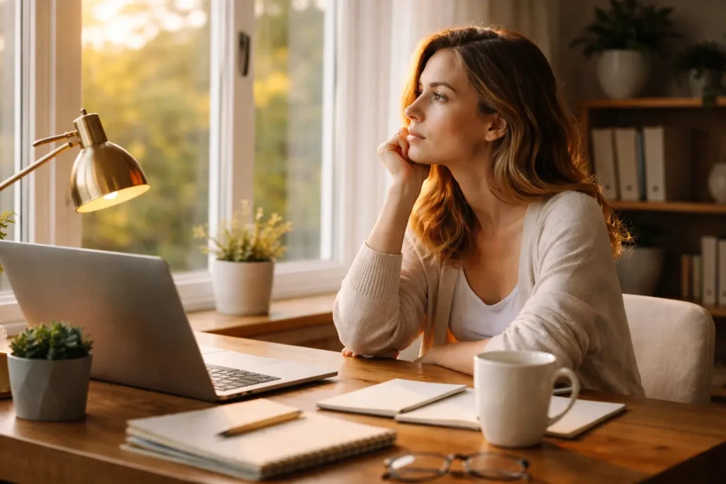 Frau sitzt am Schreibtisch, Blick nachdenklich aus dem Fenster, Morgenlicht