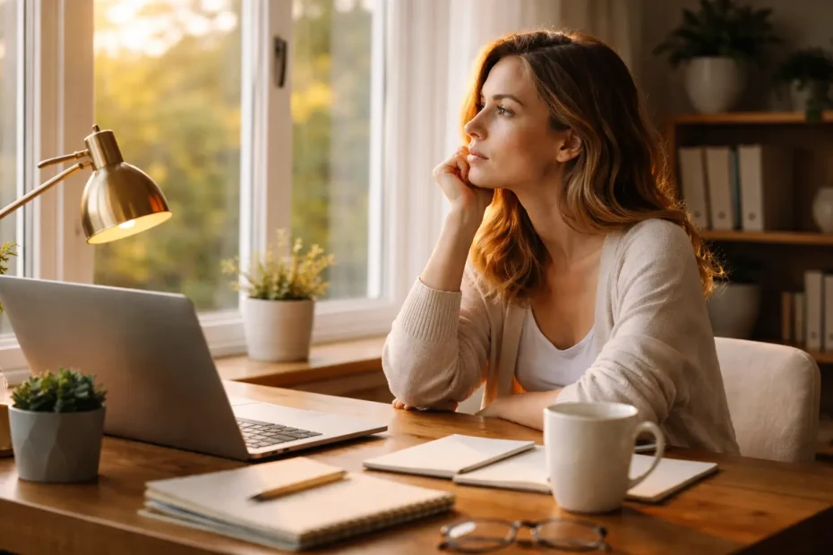 Frau sitzt am Schreibtisch, Blick nachdenklich aus dem Fenster, Morgenlicht