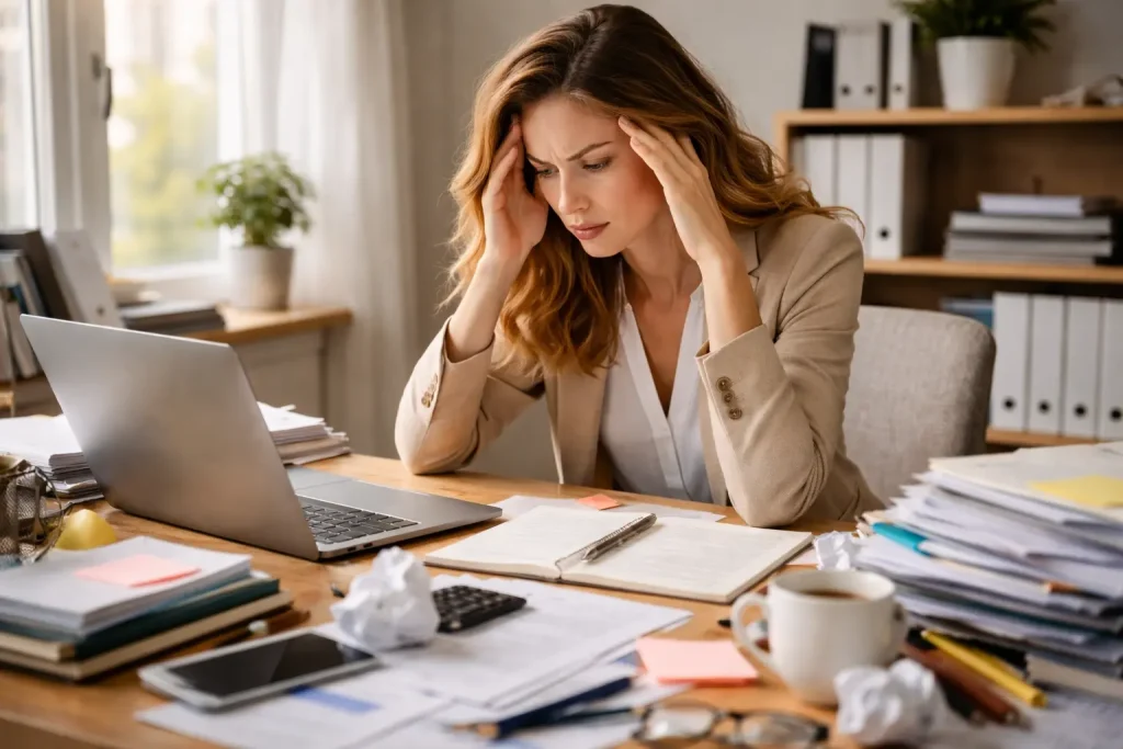 Frau im Business-Outfit, überfüllter Schreibtisch, gestresster Ausdruck