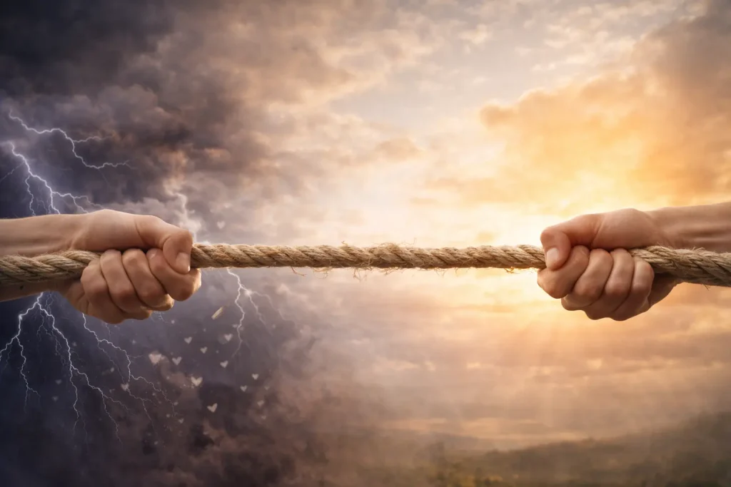 Zwei Hände, die ein Seil in entgegengesetzte Richtungen ziehen, Symbolbild für inneren Konflikt