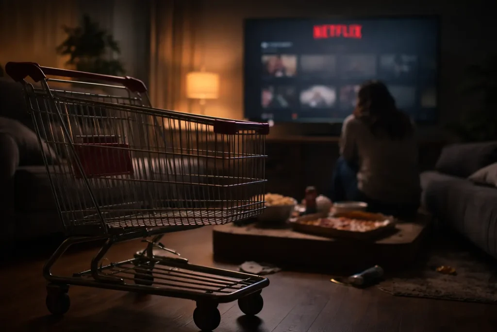 netflix interface empty screen, digital consumption addiction, modern loneliness concept, consumer culture emptiness