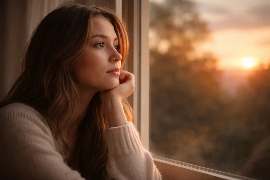 : woman looking out window sunset, thoughtful woman contemplating life, melancholic hope atmosphere, spiritual awakening woman, woman seeking purpose