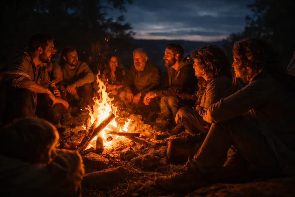 campfire gathering people, authentic human connection, ancient fire ritual, community storytelling fire, tribal connection warmth