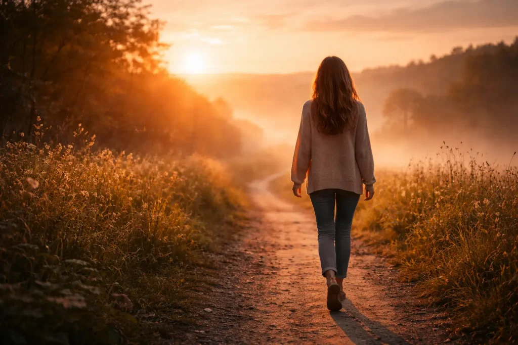 sunrise new beginning, path forward hope, woman walking new path, spiritual awakening journey, transformation new life