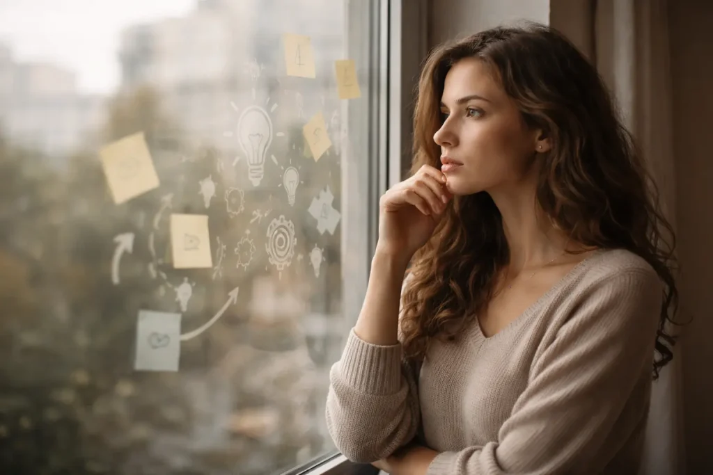 Frau sitzt nachdenklich am Fenster, schaut hinaus