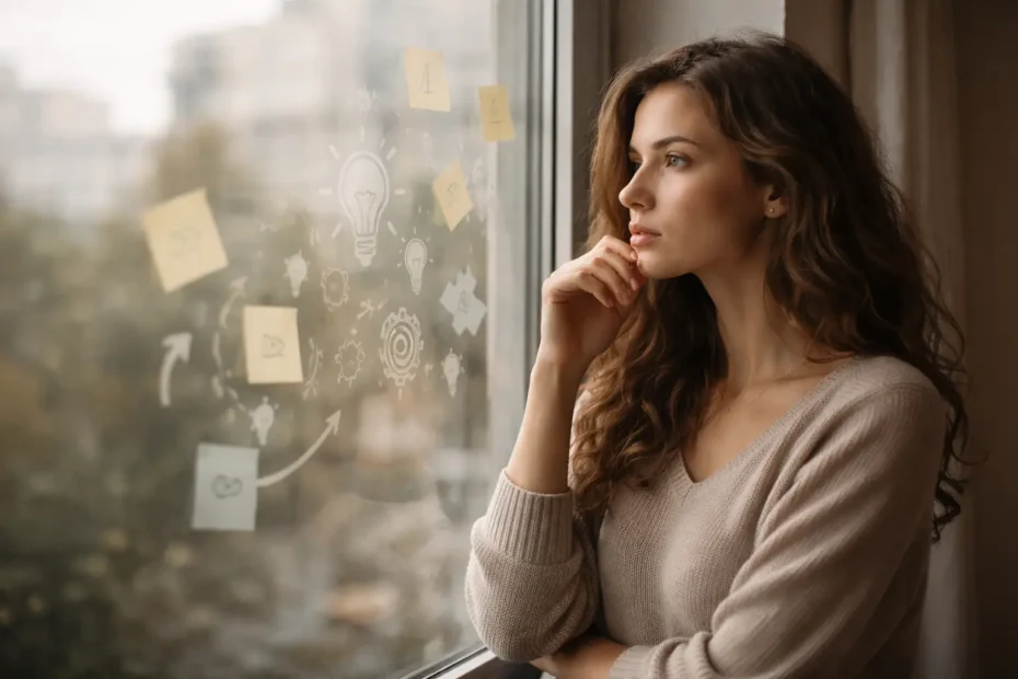 Frau sitzt nachdenklich am Fenster, schaut hinaus