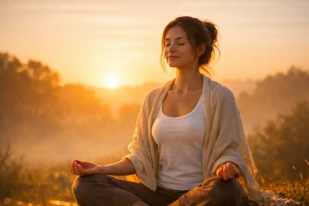 Frau sitzt ruhig mit geschlossenen Augen in warmem Morgenlicht