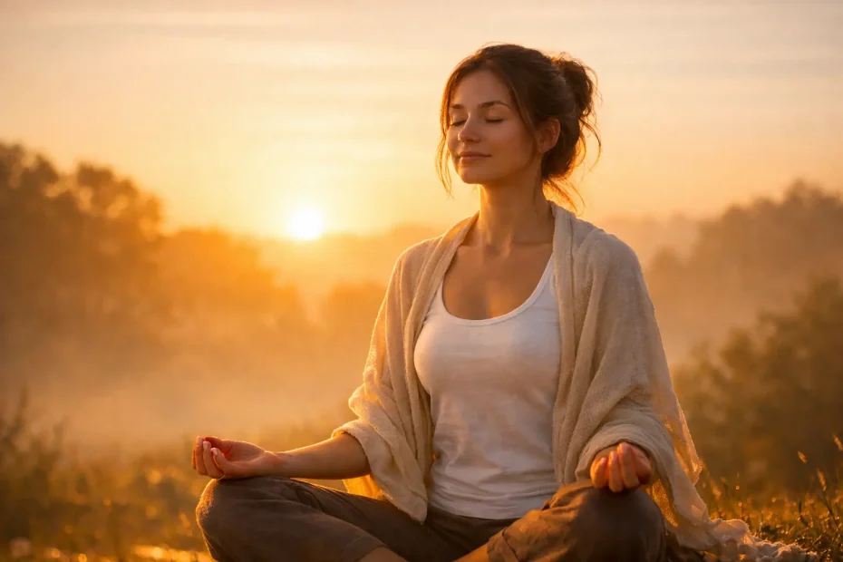 Frau sitzt ruhig mit geschlossenen Augen in warmem Morgenlicht