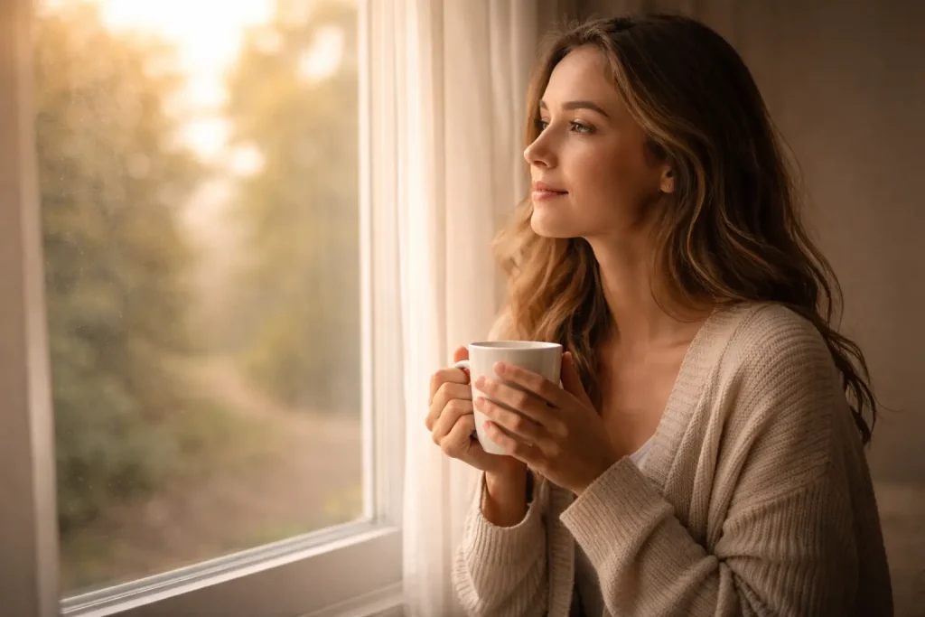 Frau schaut nachdenklich aus dem Fenster mit einer Kaffeetasse