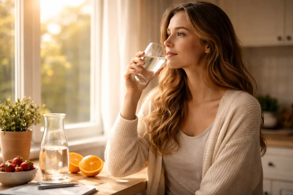 morning routine woman water glass sunlight