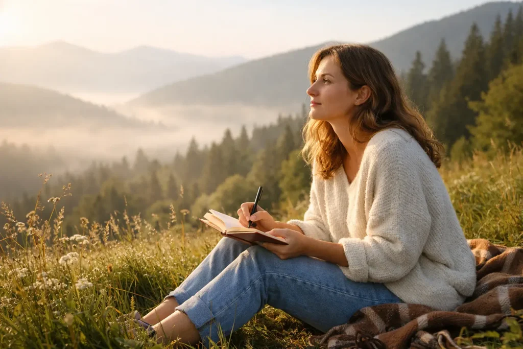 1. Frau sitzt nachdenklich in der Natur mit Notizbuch auf den Knien