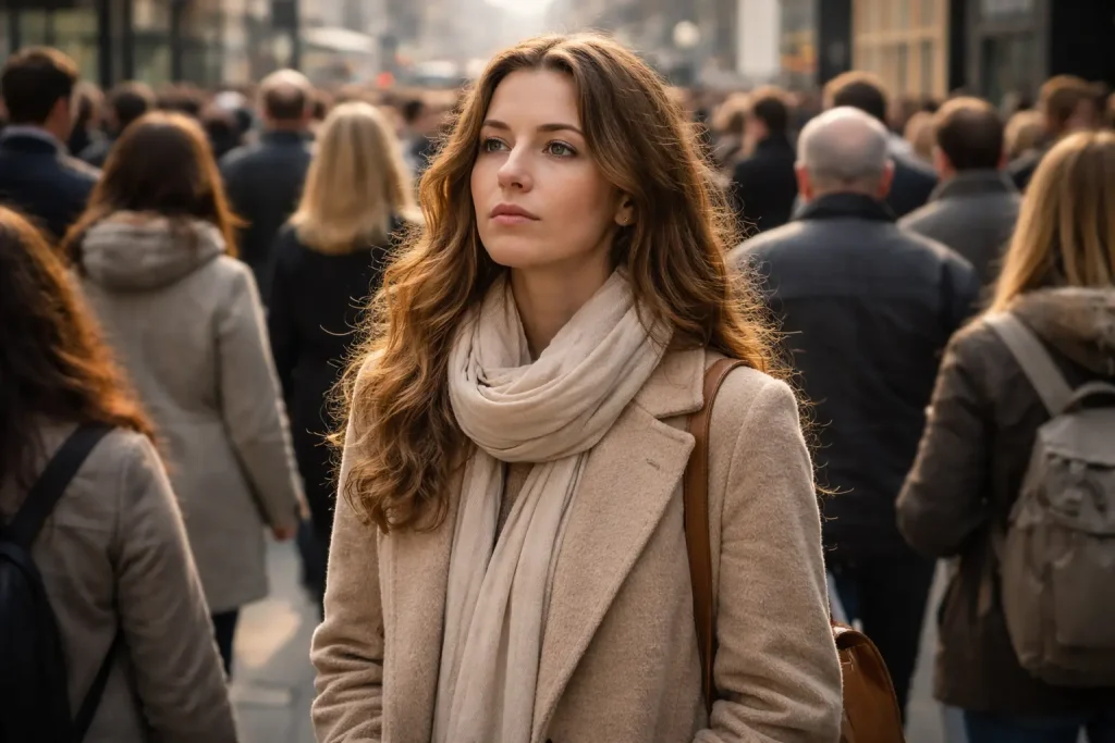Menschenmenge in der Stadt, Frau allein in der Masse