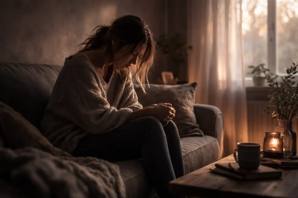 Frau sitzt nachdenklich und schaut nach unten