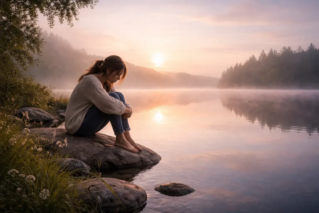 Frau sitzt nachdenklich am See, für sich einstehen, Grenzen setzen, people pleasing