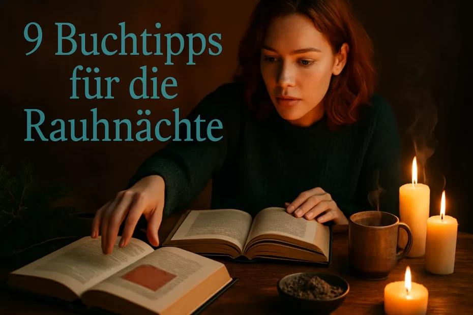 Bücher für die Rauhnächte auf einem Holztisch mit Kerze und Tannenzweigen