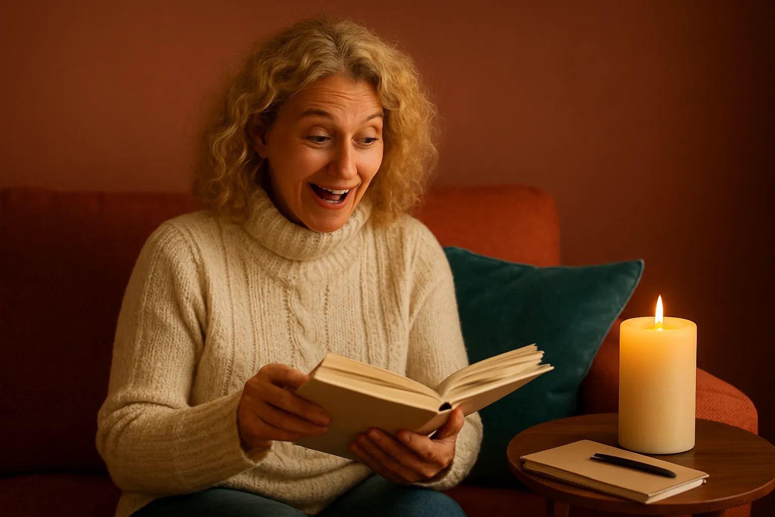 Frau liest Rauhnächte Buch bei Kerzenschein in der magischen Zeit zwischen den Jahren