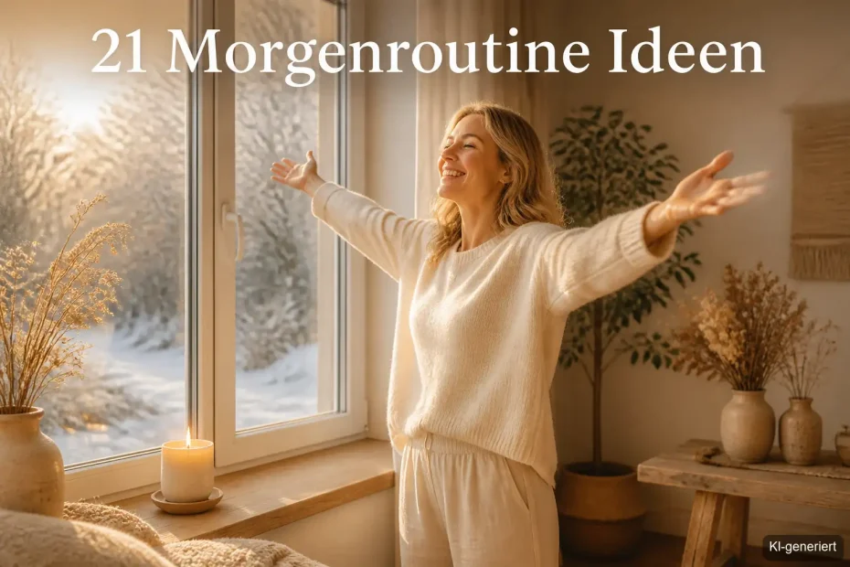 Frau breitet die Arme am Winterfenster aus und beginnt ihre Morgenroutine im Winter voller Energie