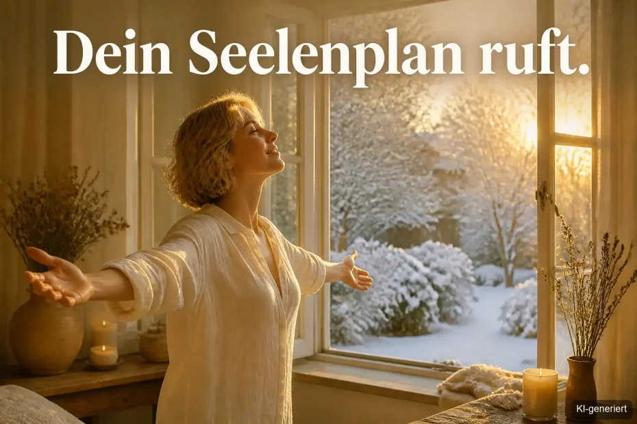 Frau im Januar-Morgenlicht erkundet ihren Seelenplan – Selbstfindung im Jahresbeginn
