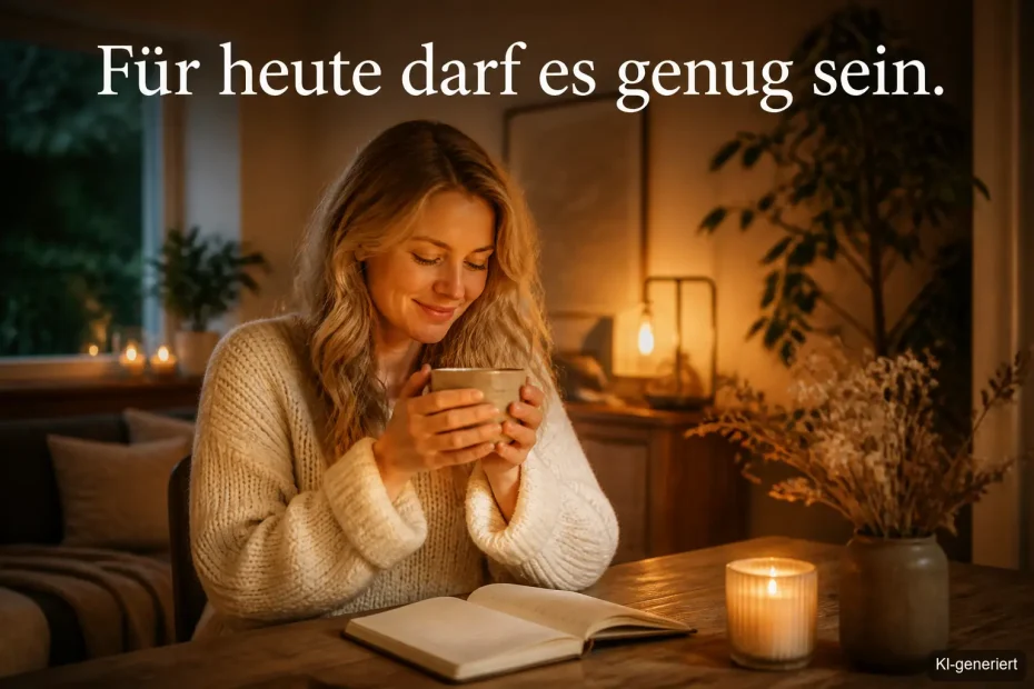 Frau bei ihrer Abendroutine im Januar mit Kerze und Journal für mehr innere Ruhe
