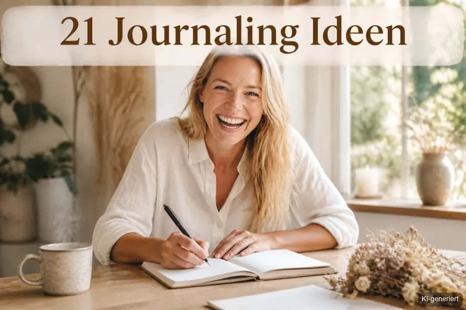 Journaling Ideen Jahresstart – Frau schreibt lachend in ein Notizbuch mit Typography-Overlay