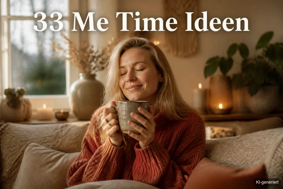Frau genießt Me Time Ideen im Februar mit einer Tasse Tee und einem warmen Pullover