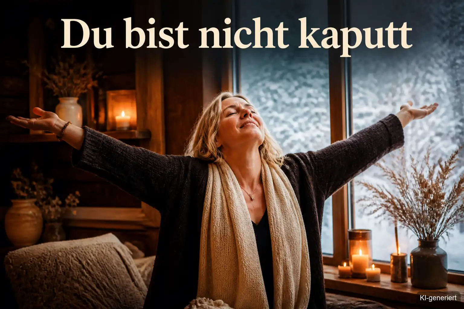 Frau mit ausgebreiteten Armen im Winter, emotionale Heilung als Selbstliebe