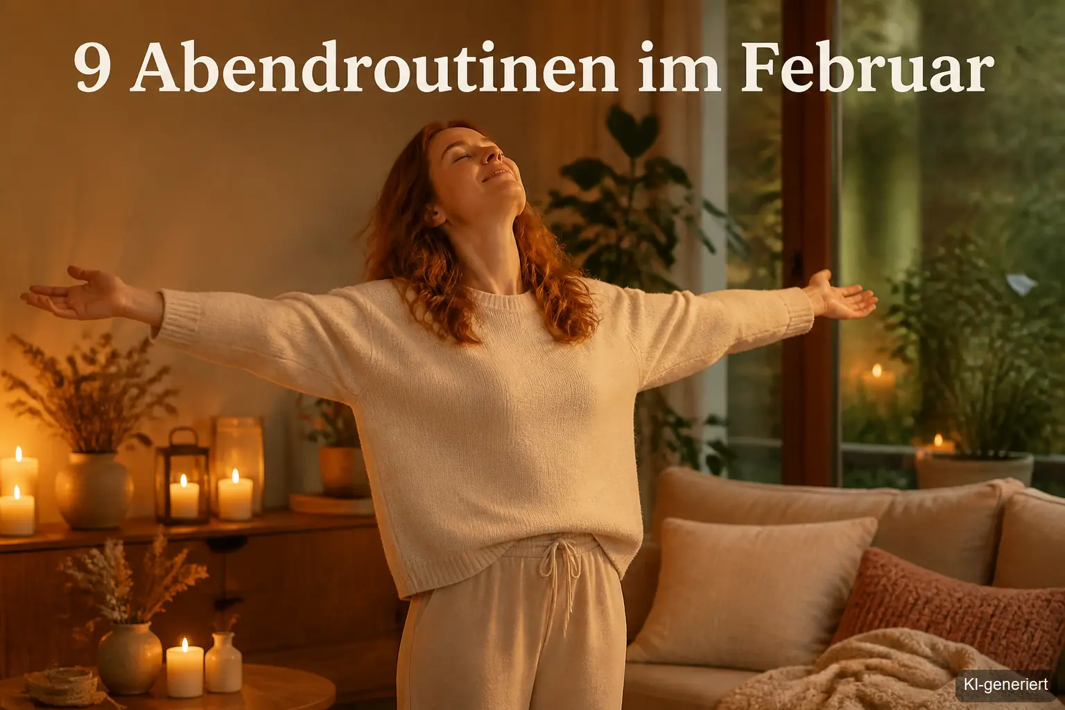 Frau mit ausgebreiteten Armen bei Kerzenlicht – Abendroutine im Februar für innere Ruhe