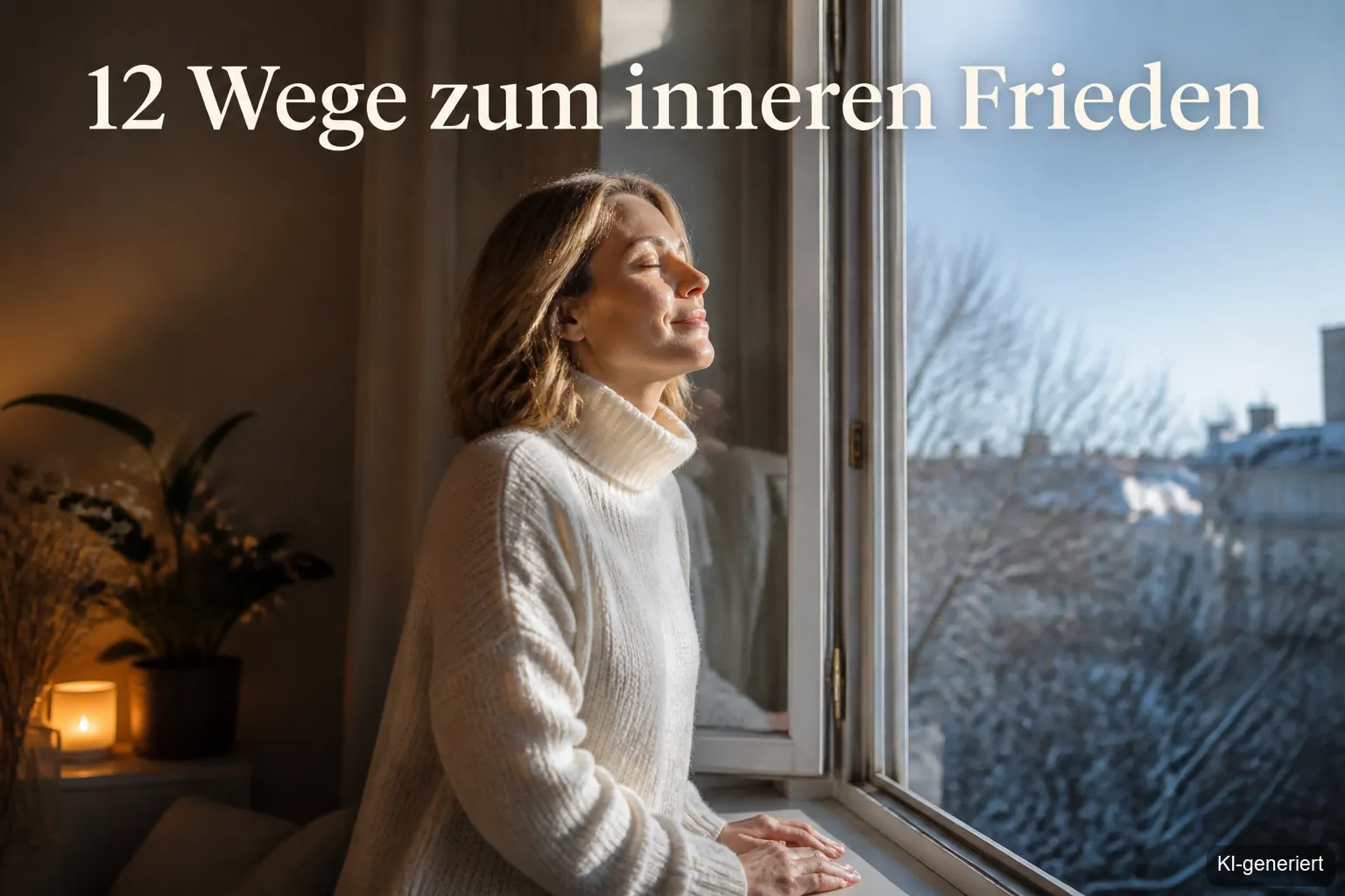 12 Wege zum inneren Frieden im Februar – Frau atmet tief durch am offenen Fenster im Winterlicht