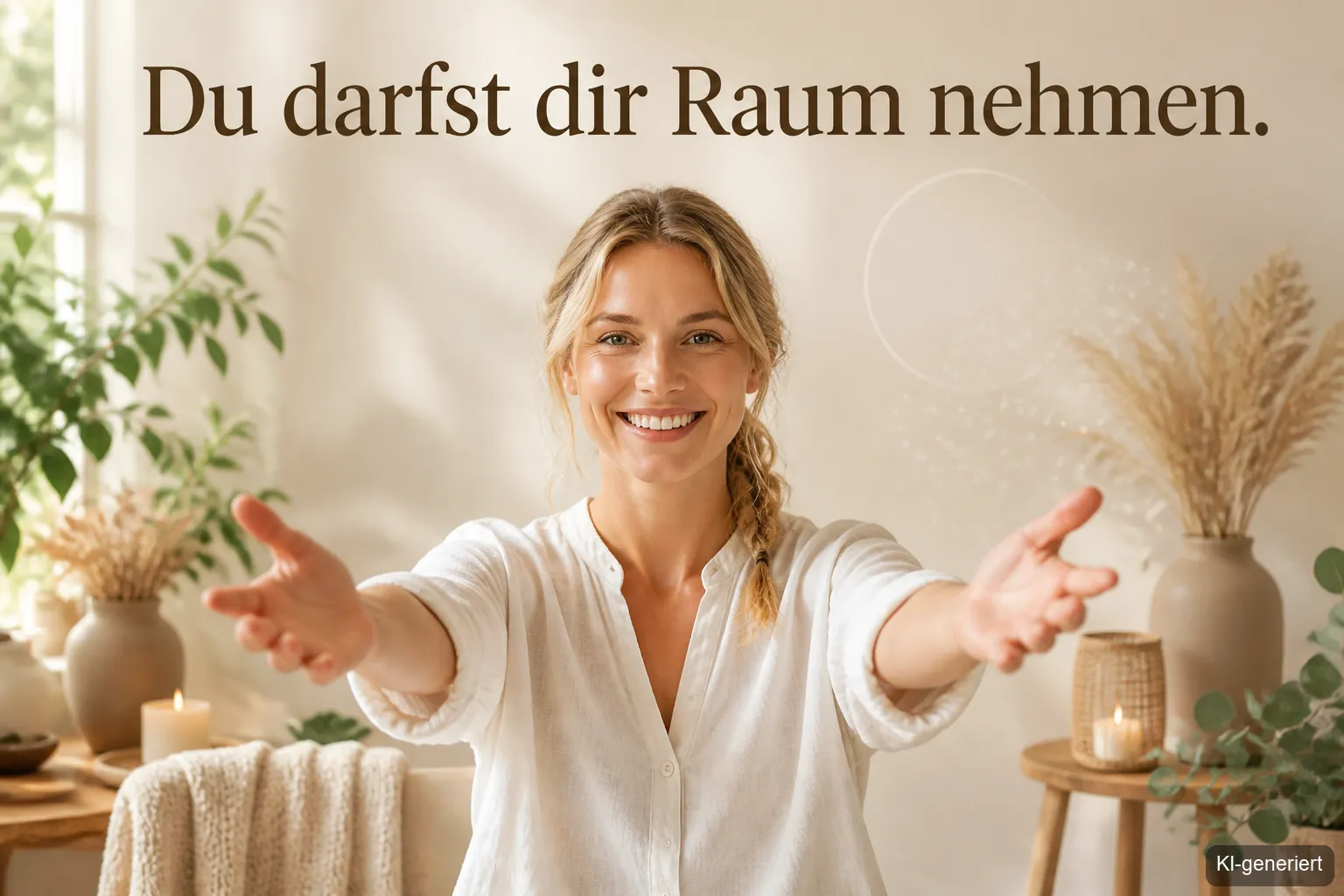 Selbstfürsorge Checkliste: Frau mit offener Haltung, petrol und terracotta Farbtöne, Bold Typography Overlay