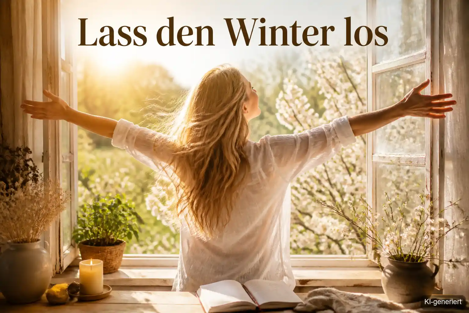 Frau öffnet Fenster im Frühling und hält ein Journal in der Hand – Journaling Ideen für den Frühling