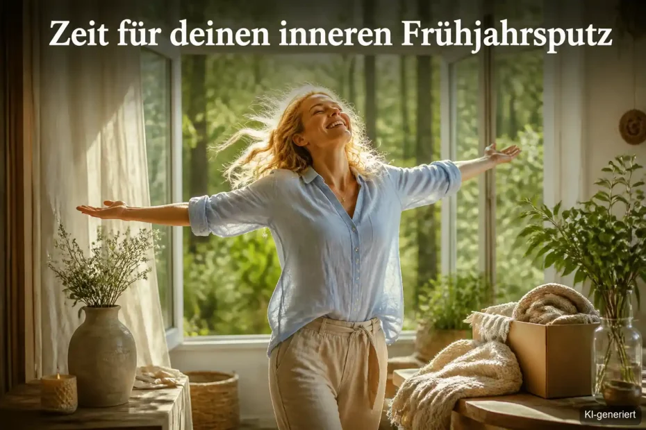 Frau breitet Arme im Frühlingswald aus – innere Klarheit finden im Frühling