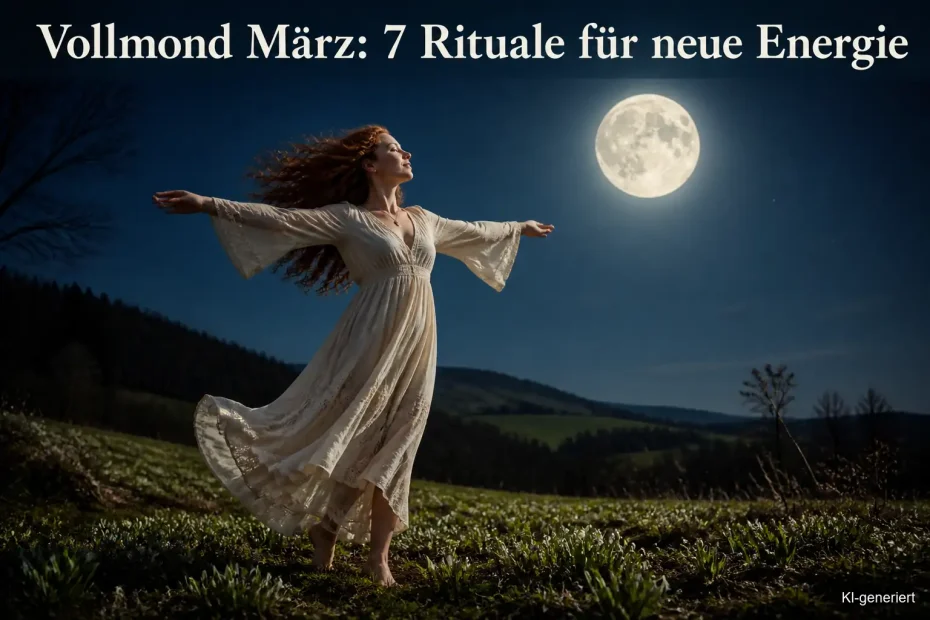 Vollmond März Rituale für neue Energie im Frühling – Frau mit ausgebreiteten Armen im Mondlicht auf einer Frühlingswiese