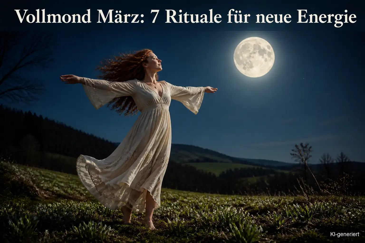 Vollmond März Rituale für neue Energie im Frühling – Frau mit ausgebreiteten Armen im Mondlicht auf einer Frühlingswiese