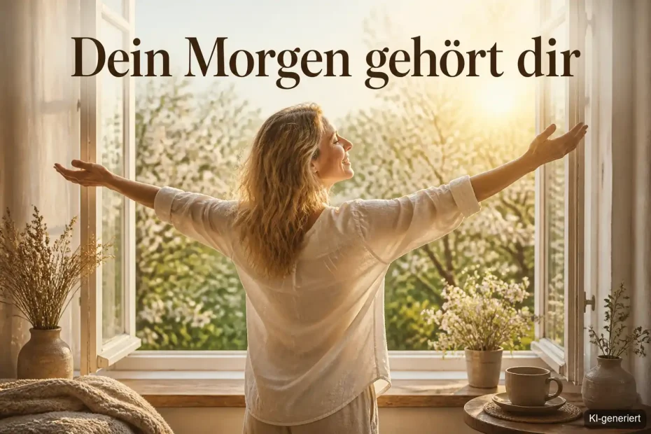9 Morgenroutine Ideen für mehr Energie im Frühling – Frau öffnet morgens das Fenster und streckt die Arme aus