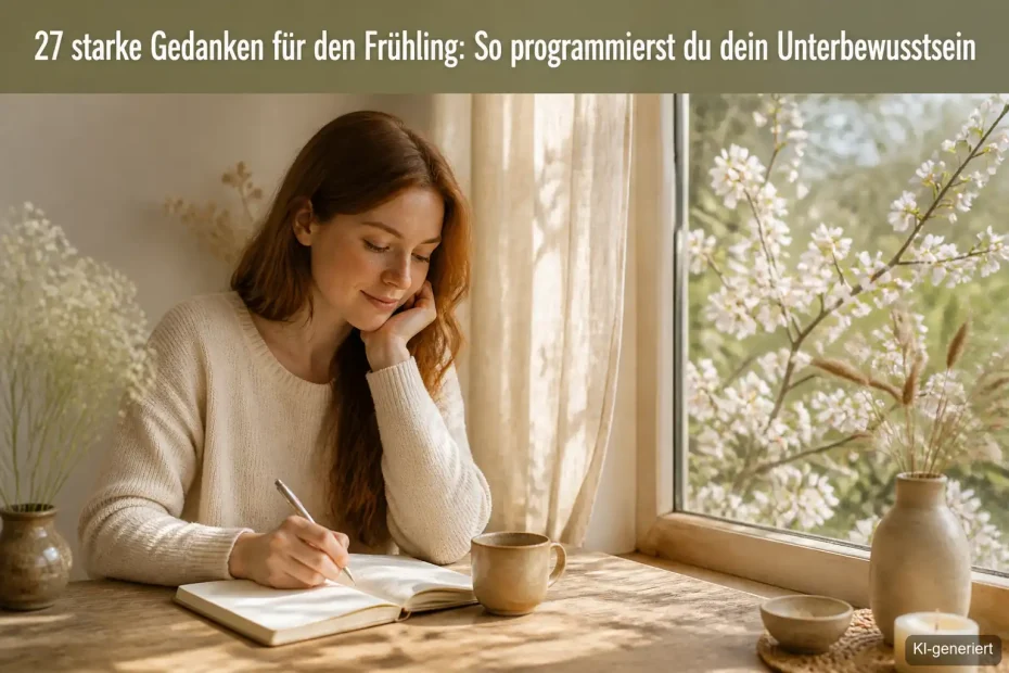Frau schreibt morgens im Frühlingslicht einen neuen Gedanken in ihr Journal am Fenster mit aufblühenden Zweigen