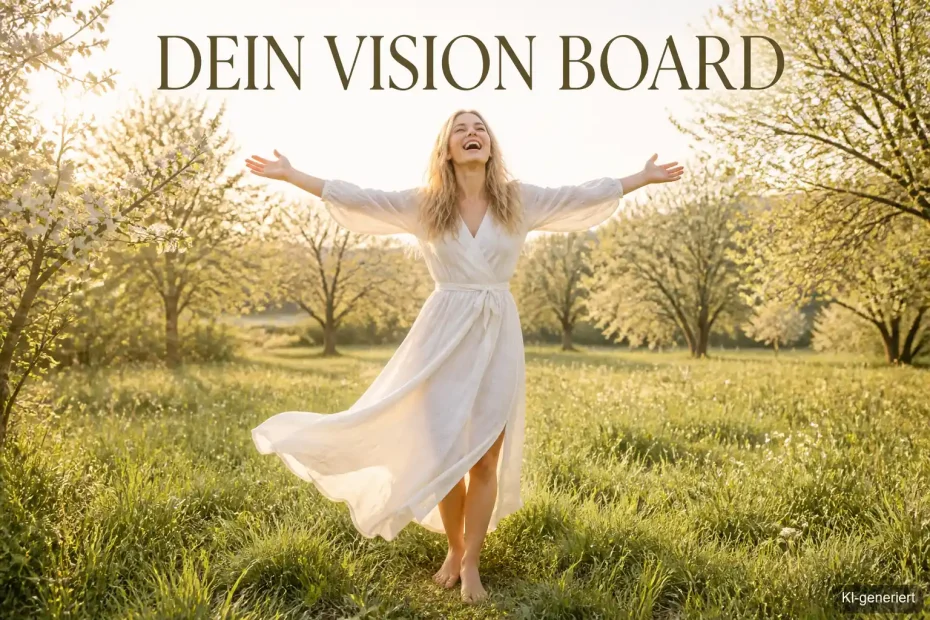 Vision Board Frühling – Frau streckt lachend die Arme aus, Bold Typography Overlay mit Vision Board