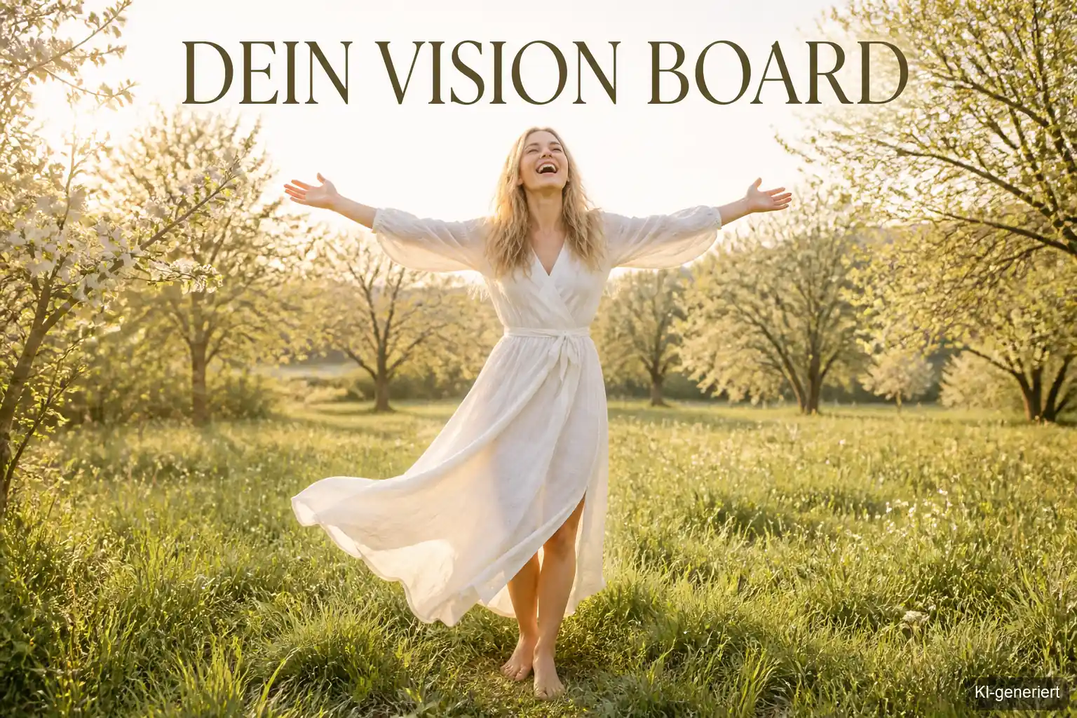 Vision Board Frühling – Frau streckt lachend die Arme aus, Bold Typography Overlay mit Vision Board