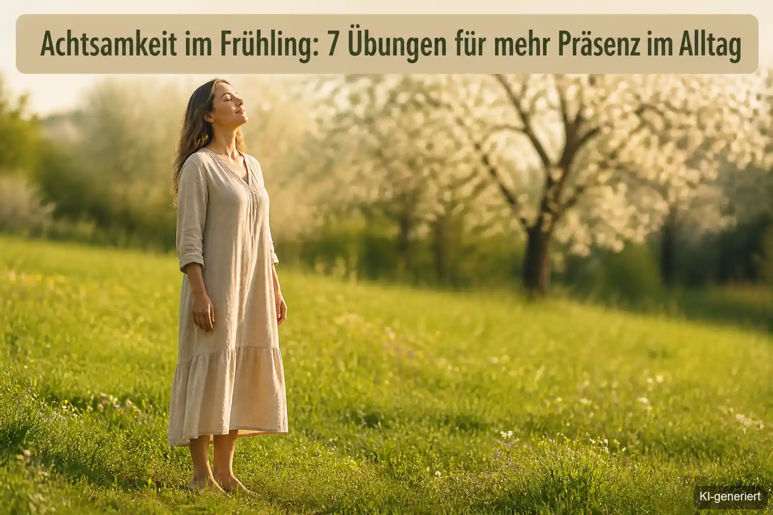Frau steht barfuß auf einer Frühlingswiese, Gesicht der Sonne zugewandt, Augen geschlossen, atmet bewusst