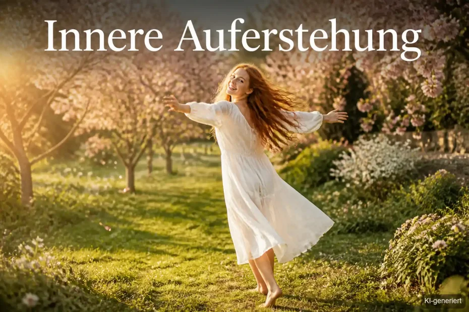 Frau breitet die Arme aus im Frühlingsgarten – Ostern spirituell und innere Auferstehung