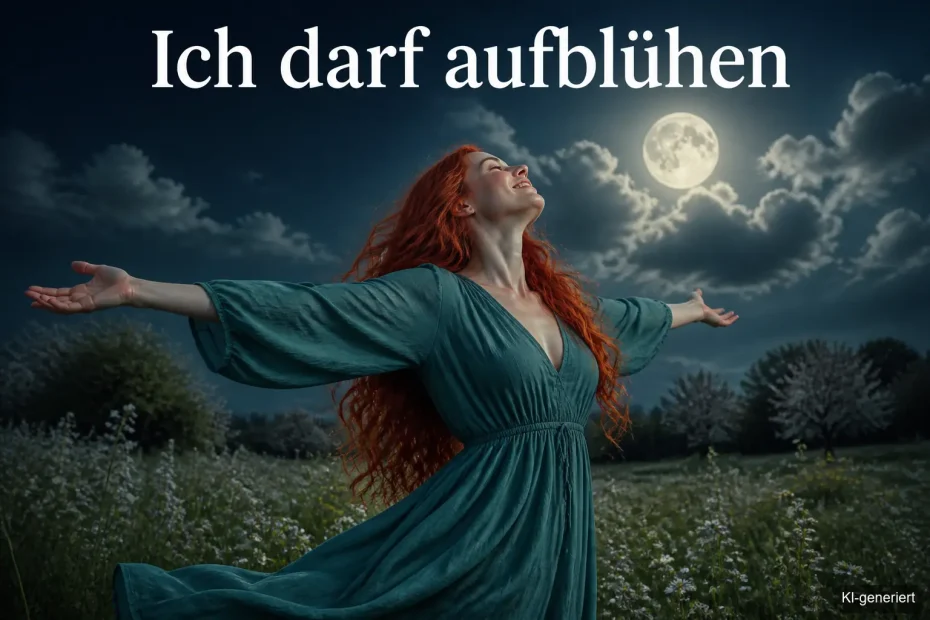 Frau breitet Arme aus im Mondlicht – Vollmond im April Ritual für innere Stärke